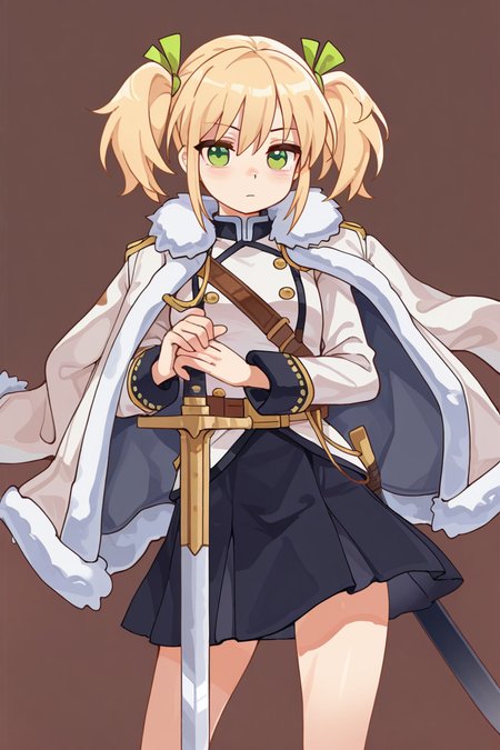 masterpiece, best quality, amazing quality,
 <lora:Lango_IL:1> lango, 1girl, solo, weapon, sword, jacket, jacket on shoulders, skirt, green eyes, twintails, fur trim, hair ribbon, ribbon, blonde hair, green ribbon, white jacket, fur-trimmed jacket, brown background