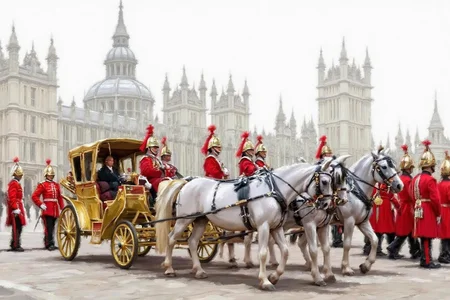 richardmacneil1 painting. A royal British ceremonial procession in front of a grand cathedral, featuring a golden horse-drawn carriage surrounded by uniformed guards and soldiers in red coats and plumed helmets. The carriage is pulled by a team of white horses with ornate harnesses. Elegant architecture with tall spires in the background, all in a painterly, slightly impressionistic style with soft lighting and a regal, historic atmosphere <lora:richardmacneil1_cap_d8a4e11:1.0><lora:853229034610384987:0>