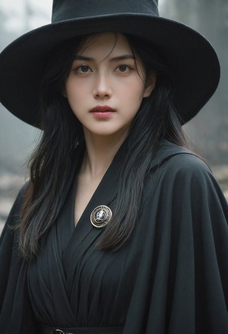 A woman with long black hair is wearing a large black hat and a matching black cloak adorned with a mysterious emblem on the shoulder. Her expression is serious and intense, with a focus on her piercing eyes. The background is a simple gray, which contrasts with her dark attire, emphasizing her mysterious and imposing presence.