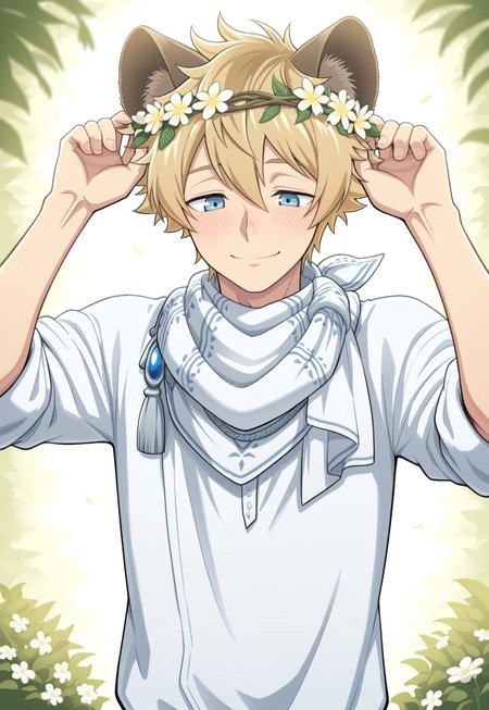 masterpiece,best quality,amazing quality, source_anime,

RuggieBucchi, 1boy, male focus, solo, blue eyes, blonde hair, animal ears, gala uniform, head wreath, flower wreath, scarf, white scarf, tassel, shirt, white shirt, sleeves rolled up, smile. blush,
