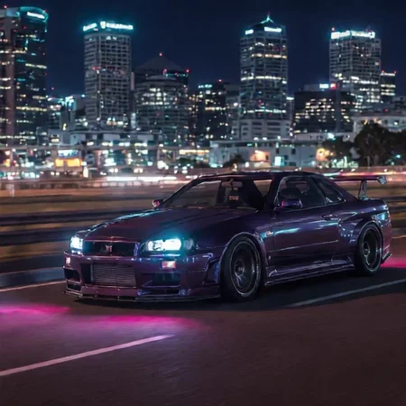 a purple Nissan Skyline GTR R34 is crusing in a highway of Auckland at night, 合影光影，合理运动，