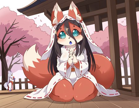 uncensored, masterpiece, amazing quality, high resolution, Japanese shrine background, sakura tree, cherry blossoms tree, cherry blossoms falling
Koware, black sclera, turquoise eyes, fang, Long hair, black hair, hair between eyes, straight hair, red fur, cream fur, multicolored fur, blue mouth, fox ears, fox tail, animal paws, fur highlights, wide hips, thick thighs, belly, Kitsune, Kemono, Fox, large breasts
Goddess outfit, white dress with golden highlights, detached long sleeves, white veil, sitting, praying, sparkles, holy illumination, full body