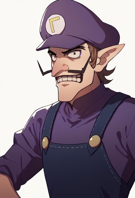 score_9, score_8_up, score_7_up, source_anime, 1boy, <lora:zs_FE3HPortraitsXL:1> fe3hportraits, upper body, white background, <lora:ChamWaluigiPonyXL:1> Waluigi, mustache, teeth, pointy ears, brown hair, hat, purple headwear, purple shirt, overalls