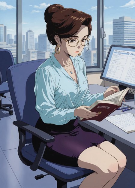masterpiece, best quality, amazing quality, absurdres, 

Office_Lady_Normal, 1girl, brown hair, single hair bun, brown eyes, mole,

glasses, gold earrings, blue button-up shirt, long sleeves, tucked-in shirt, tight purple pencil skirt, Golden-frame eyewear, necklace, 

, reading book, sitting on chair, holding book, office background,  daytime,  