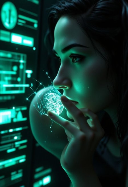 Emo woman upper body face close up. A hyper-detailed, futuristic close-up of a human fingertip illuminated by a soft green glow, revealing a complex, holographic circuit pattern etched into the skin, resembling a digital fingerprint. The intricate lines and nodes of the circuitry shimmer with a faint white and blue light, symbolizing advanced biometric technology. Surrounding the finger, a semi-transparent user interface displays scanning progress indicators, synchronization bars, and faint text overlays, adding to the high-tech aesthetic. The background is softly blurred, suggesting a sleek, digital environment while emphasizing the focus on the finger and its augmented details. <lora:aidmaFLUXPro1.1-FLUX-v0.3.safetensors:1.0>,  <lora:Dark side of light.safetensors:0.55>, <lora:Glitchcore_Flux.safetensors:0.8>,