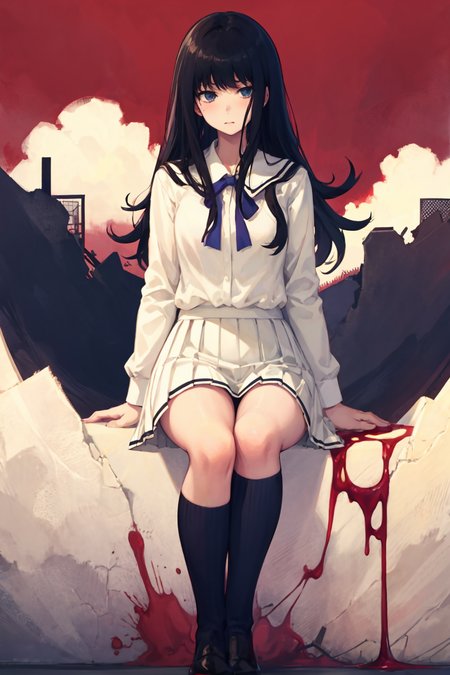 touko, 1girl, solo, skirt, egg, blood, school uniform, sitting, kneehighs <lora:touko:1>