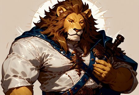 score_9, score_8_up,<lora:bm-v3g-n2-ep1-xl:1>, lindong, furry, anthro, non human, male, hunk fat, bulky, chubby, (Lion, orange eyes, orange fur, brown mane)) huge body, fluffy, ((perfect face, perfect eyes, half-closed eyes)), hi res, absurd res, digital media (art work), sketch, flat colors, lineart, motion lines, clothes(sailor coat, white shirts, blue pants, knife sheath, leather belt, upper body, skyrim background, grab torch