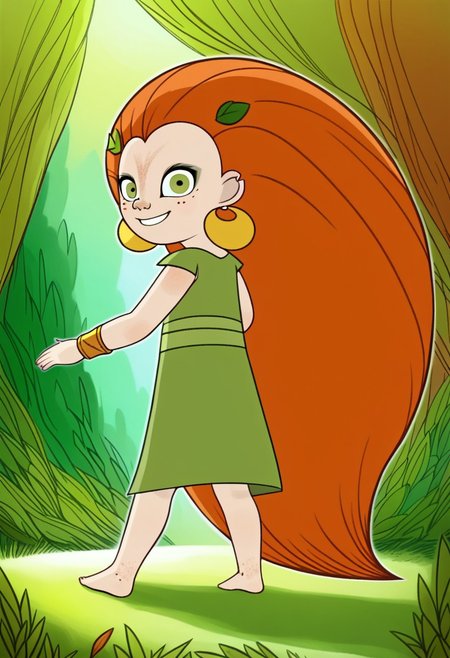 (zPDXL3), full body, solo, 1girl, best quality, 1girl, solo, mebh_human, green eyes, long hair, orange hair, earrings, barefoot, earrings, jewelry, leaf, freckles,  looking at viewer, from behind, smile, dynamic pose, outdoors, forest, dynamic angle 