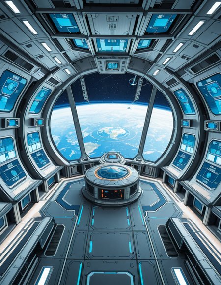 The interior of a massive orbital space station, high above a blue and green Earth-like planet. The setting is a panoramic observation deck with towering reinforced windows that curve around the structure, offering a breathtaking view of the planet below and the star-filled void beyond. The stationâs architecture is sleek and functional, blending advanced human technology with subtle design flourishes â brushed metal walls, glowing interface panels, and clean geometric lines.
Soft white lighting lines the floor and ceiling panels, while ambient blue lights provide a calming atmosphere. Transparent digital displays float in the air, projecting live telemetry, spacecraft traffic, and real-time planetary data in holographic form. In the center of the room, a circular command table displays a rotating 3D projection of the planet and orbital routes.
In the background, the low hum of life support systems and distant radio chatter add to the immersive realism. Cables and utility panels are subtly integrated into the environment, and security doors lead to other compartments of the station. The entire space feels controlled, precise, and filled with purpose â a hub of advanced civilization silently orbiting in the cold beauty of space.<lora:SDXLFaeTastic2400:0.4> <lora:extremely_detailed:0.4> extremely detailed,space station c0ntr0l c3nt3r, <lora:space_station_c0ntr0l_c3nt3r-i:1>, Masterpiece,best quality,hi res,8k,hi res,8k,award winning,(sharp focus, intricate, highly detailed),