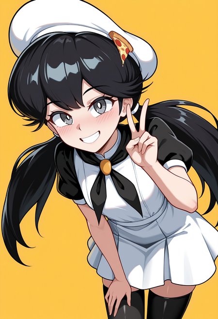 highres, best quality, masterpiece, yellow background, orange background,
1girl, solo, pprmoc, black hair, long hair, low twintails, grey eyes, retro artstyle,
hat, white headwear, pizza slice hair ornament, white dress, black neckerchief, puffy short sleeves, black sleeves, black thighhighs,
looking at viewer, smile,
blush, leaning forward, v, teeth,
<lora:_peppina_ramen_ketrindarkdragon-oc-elesico-ilxlE:1>