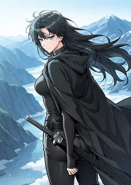 <lora:Omniscient_Readers_Viewpoint__Yoo_Joonghyuk_Female:1>
1girl, solo, black hair, long hair, wavy hair, loose hair, blue eyes, 
black outfit, black cloak, black long coat, cape, tight suit, black belt, black gloves, black pants, black boots, tactical outfit, katana, sword, sword sheath,
score_9, score_8_up, score_7_up, source anime, BREAK, cowboy shot, (from side), looking back, looking at viewer, overlooking mountain, high altitude, scenery, exterior, background