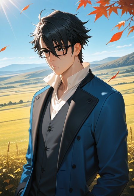 masterpiece, best quality, amazing quality, absurdres, newest, detailed background, definition so sharp, Ultra-HD, 8K cinematic, very awa, impressionate, amazing quality, highres, d10w21ll,
solo, male focus, manly, mature male, bara, day, blue sky, outdoor, sunbeam, windy, flying leaf, 
1boy, short hair, glasses, saruhikofushimi, saruhiko_black hair, saruhiko_black eyes, blue coat, collared shirt, o3o, depth on field, upper body, focus on scene, landscape, wide angle perspective