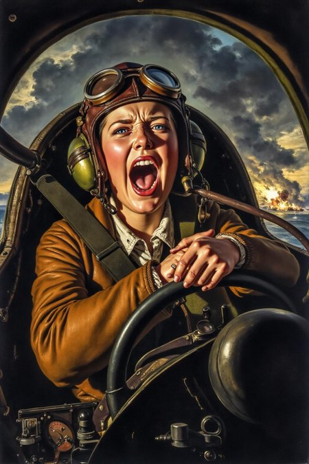 josephwright1 painting. 
A female pilot screaming inside the cockpit of a World War II bomber. The pilot, wearing a vintage leather flight helmet with goggles and a bomber jacket, grips the controls with white-knuckled hands. Her face is contorted in a mix of fear and determination as she yells, her eyes wide with adrenaline. The cockpit is cramped and filled with old-fashioned dials and gauges, with the outside view showing dark stormy clouds and distant anti-aircraft fire
 <lora:josephwright1_cap_d6a3e12:1.0><lora:849159003341598825:0>