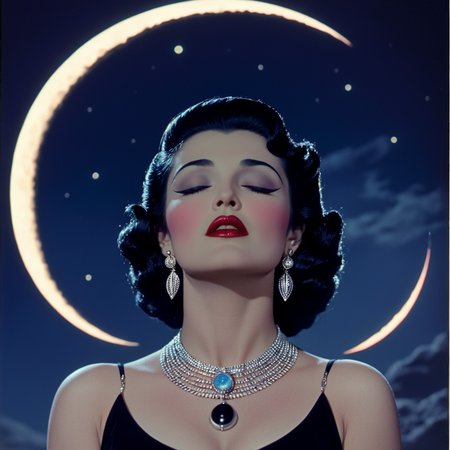 <lora:30sTechnicolorMovieV2SDXL:1> ArsMovieStill, movie still from a 1930s technicolor movie, The image shows a woman in a black dress with a necklace and earrings standing in front of a crescent moon., 1girl, jewelry, closed eyes, solo, necklace, moon, black hair, makeup, earrings, lipstick