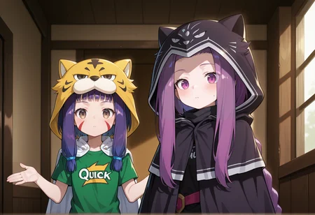 2girls, indoors, 1girl, brown eyes, blue hair, medium hair, sidelocks, facepaint, animal hood, cape, quick shirt, shrugging, looking at viewer,   <lora:inuchiyou_nobuna_illus:1>
BREAK
2girls, indoors, 1girl, very long hair, purple hair, purple eyes, parted bangs, sidelocks, braid, quick shirt, black cat hood, cloak, shrugging, looking at viewer <lora:Medusa_lily_illus:1>, masterpiece, best quality, amazing quality, very aesthetic, absurdres, highres, newest