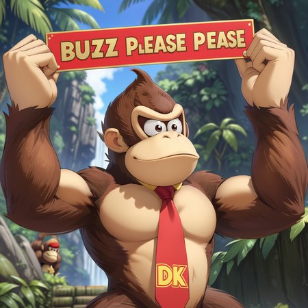 donkeykongxl holding a sign that says ("BUZZ Please") , <lora:DonkeyKongXL:.75> red necktie, <lora:texta:0.9>, "DK" tie red, ape, (anime, masterpiece, intricate:1.3), (best quality, hires textures, high detail:1.2), (4k),(incredibly detailed:1.4),UHD, 8K, ultra detailed