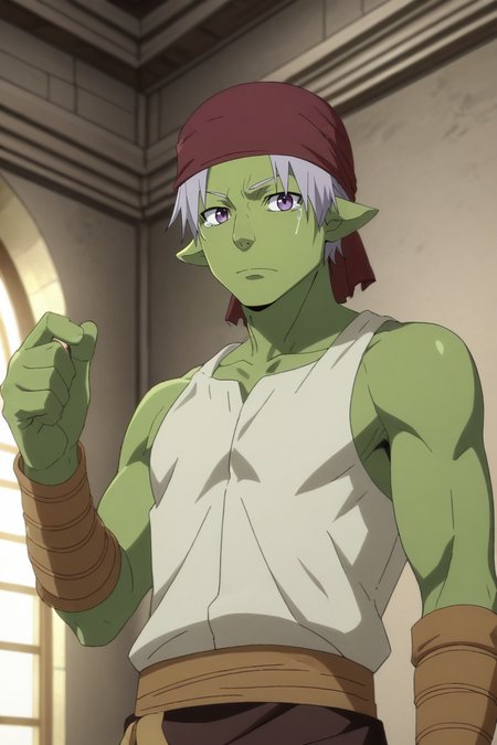 score_9, score_8_up, score_7_up, source_anime, rating_safe, intricate details, anime screencap, , official style, looking at viewer, , 1boy, solo, male focus, <lora:rigur_tensura_pony:0.96>, rigur_tensura, grey hair, purple eyes, pointy ears, colored skin, green skin, goblin, bandana, , , from below, castle, dawn, (dynamic pose), tearing up, , <lora:sdxl_lightning_8step_lora:1>