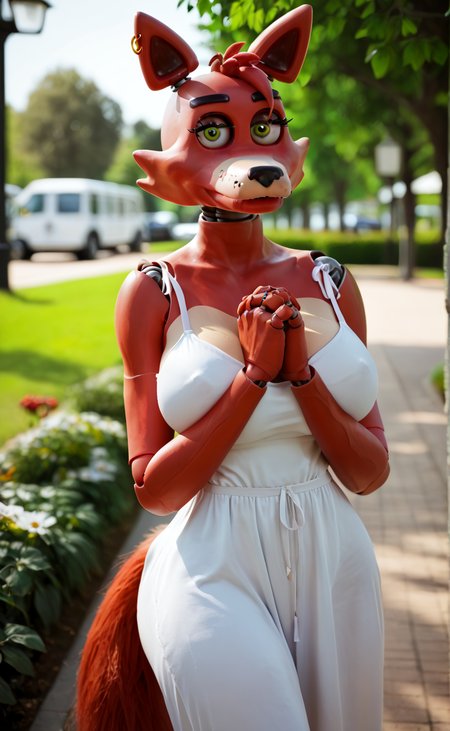 score_9, score_8_up, score_7_up, 1girl, standing,  <lora:RfoxyDXL:1>, rfoxyd, animatronic, foxy, furry, green eyes, big breasts, big butt, fox tail, long eyelashes, (park), blurry background, sundress, standing, shy, loving look, smile, hands together, looking at viewer, male pov, human hands