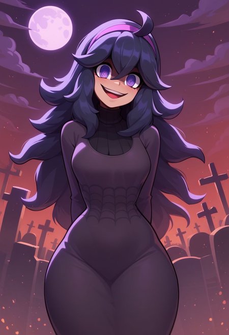 score_9, score_8_up, score_8, medium breasts, (curvy), cute, eyelashes,   solo, 
hex maniac (pokemon), long hair, ahoge, purple hairband, purple eyes, @_@, long black dress, smile, looking at viewer, cowboy shot, head tilt, full moon, graveyard, open mouth, hands behind back,
