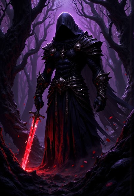 A dramatic and atmospheric dark fantasy artwork featuring a hooded figure in a tattered black cloak standing in a shadowy forest, gripping a glowing red sword that pierces the ground. The figure exudes an aura of menace and mystery, with their face obscured by a deep hood, leaving only shadows visible. The sword is the focal point, emanating an intense, fiery red glow that illuminates the surrounding dark terrain and reflects off the figureâs metallic armor pieces hidden beneath the cloak.
The forest setting is dense and eerie, with twisted, leafless trees that loom over the scene, their branches clawing at the dark purple sky. Scattered crimson leaves are caught in the air, adding movement and a sense of foreboding.
The lighting is low and moody, with the glowing red sword casting dramatic highlights and shadows across the figure and the forest.
The overall tone is dark and intense, evoking themes of power, doom, and an impending confrontation. The composition emphasizes the lone figure and the sword, creating a hauntingly beautiful yet ominous scene with a cinematic and highly detailed aesthetic.
<lora:CPA:0.5> <lora:FLUX-daubrez-DB4RZ-v2:0.3> <lora:ck-shadow-circuit:0.35> in the style of cksc, <lora:Ethereal Brush Anime v2.0:0.3> <lora:It's a LoRA for portraits, BUT! actually specialized in backgrounds. v1.0:0.15> <lora:Dark_and_sentimental:0.8>  <lora:flux.1_lora_flyway_Epic-detail_v2:0.8>