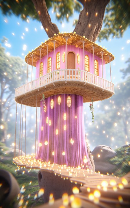 A whimsical treehouse built into the trunk and branches of a massive ancient tree,surrounded by an enchanted glowing forest. Golden sunlight filters through the dense canopy,casting soft light beams and floating golden dust particles through the air. The treehouse features fantasy architecture: glowing mushrooms,stained glass windows,vine-covered wooden beams,and delicate balconies. Full panoramic wide-angle view showing the treehouse nestled within the magical forest,dreamy and luminous daytime atmosphere,<lora:aidmaMJ6.1_v0.5_3:0.6>,aidmaMJ6.1,<lora:detailifier_sd3.5:1>,detailifier,