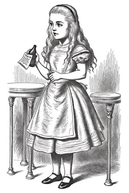 joten1 illustration.
A young girl, Alice in wonderland, standing in front of a pedestal with a small table. She appears to be in a whimsical, fantastical scene. The girl has long, wavy hair that cascades down her back and shoulders. She hold a bottle with a note that says "Drink Me". <lora:joten1_cap_d6a3e12:1.0><lora:821768213424720786:0>