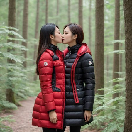 cute two asian 25 year old women a wearing a long black and red  moncler_hermine jacket , hyperdetailed photography,4k textures,intricate details,4k resolution   ,  <lora:moncler_hermine_v1_r2-000007:0.5>, kissing, forest scene