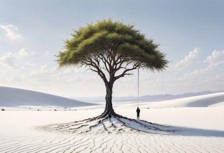 a serene and captivating digital painting of a solitary tree standing in the midst of a vast and tranquil white desert landscape, inspired by the desert photography of John Stephens, with a focus on the rippled white landscape and the peaceful environment, 
[(inspired by Pejac:1.30), (inspired by Banksy:1.30) ::0.40], (Inspired by Pejac and Banksy), [street art: social commentary: 0.70], [urban interventions: hidden messages: 0.60], artwork inspired by the street art, social commentary, urban interventions, and hidden messages of Pejac and Banksy