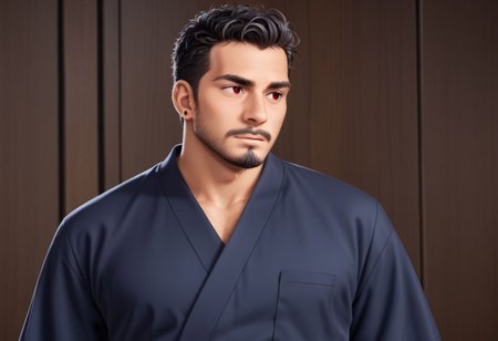 1man, Mature, latn race, adult man, skin  tanned, He has black shoulder-length shaggy hair,  red eyes, thin eyebrows, ear piercing, small goatee, wearing black Japanese tunic with scarlet edges, alone, looking forward, athletic body, masculino, bara.