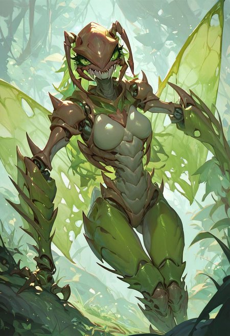 score_9, score_8_up, score_7_up, HD, (female anthro insect), monster girl, a fly, chitin body, insect limbs, (green round insect eyes), faceted eyes, half-transparent insect wings, (mandibles), insect black carapace limbs, (no mouth), glossy carapace, (no iris)