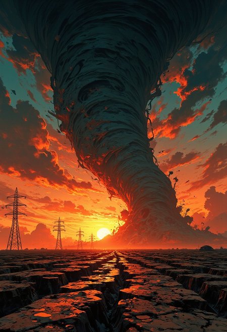 A breathtaking cinematic masterpiece in the style of Studio Ghibli, blending retro comic art with hyperrealistic detail. A vast, fractured farmland stretches beneath a stormy twilight sky, illuminated by dramatic platinum-hued holy lighting and eerie black-light accents. Towering electric transfer towers stand stoic and buffed, their sleek forms cutting through the chaotic scene like silent sentinels. In the distance, a colossal swirling tornado dominates the frame—it's a wide vortex made of dust and debris tearing violently through the landscape, debris spiraling in wild, chaotic motion against a bloody sunset. The camera captures the towering funnel from a low-angle perspective, emphasizing its overwhelming scale and destructive force. Storm clouds churn with a hyper-detailed, atmospheric texture, bathed in a mix of soft orange glow and stark, shadowy contrasts. Rendered in 8K UHD, cinema-quality still shot, with a retro yet hyperrealistic art style—highly dramatic, atmospheric, and brimming with intricate details.