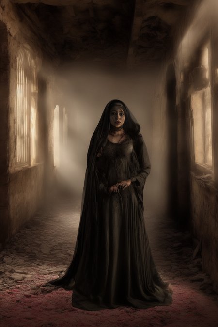 Horror-themed Hyper-realistic horror scene of a pakistani woman in market under colored lights, the photograph is ultra-detailed, with the colors and lighting creating a (Festering appearance), horror,. <lora:Horror_Scenes:.7>Decaying mansion, Gothic horror, murky gray, crumbling walls, creaking, lingering shadows . Eerie, unsettling, dark, spooky, suspenseful, grim, highly detailed
