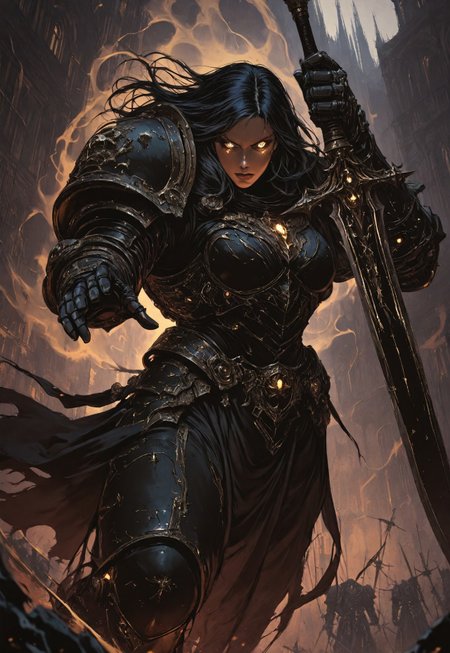masterpiece, best quality, high quality, 
newest, highres, 8K,HDR,
absurdres, 

dynamic angle, 
realistic, 

1girl, 
BlackT40k, 
power armor, 
long hair, 
weapon, 
glowing eyes, 
dark fantasy, 
holding sword, 
floating, 
ethereal aura, 
white and black color scheme, 
armored gauntlets, 
golden ornaments, 
looking at viewer, 
battle stance, 
supernatural energy, 
shadowy background, 

gothic architecture, 
dynamic pose, 
dramatic lighting, 

detailed background, 
depth of field, 
foreshortening, 
detailed background, 
dynamic pose, 
dynamic composition,
dutch angle, 
foreshortening,
blurry edges, 
<lora:ILLIronW40k:1>