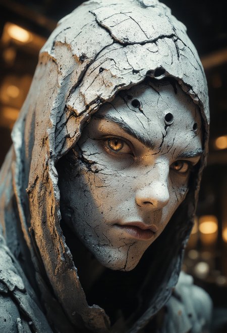 The image is a highly detailed, CGI-rendered digital artwork capturing an extreme close-up of a mystical woman. She wears an enigmatic mask made of white plaster, distinguished by two large, round, black dots serving as eyes. The mask’s surface is intricately detailed with cracks and fissures, through which the exquisitely rendered features of her face are subtly revealed. Her expression, partially hidden yet powerfully evocative, hints at ancient secrets and deep emotion.
Bathed in soft, ethereal light, the scene exudes a surreal quality that heightens its mystical allure. Gentle, diffused illumination caresses the delicate contours of the plaster mask and the intricate details of her skin, emphasizing the interplay of light and shadow. The ambient glow enhances the texture of the fractured plaster, casting soft highlights along the edges of the cracks, while deep, tender shadows add a sense of depth and intrigue to her partially unveiled visage.
The overall atmosphere is one of profound mystery and quiet intensity—a visual narrative where concealment and revelation intertwine. Rendered in ultra-realistic 8K quality, every nuance from the mask’s subtle imperfections to the soulful glimpse of the woman beneath is brought to life, creating an artwork that is both hauntingly beautiful and enigmatically inviting.