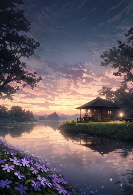 detailed background,( Calm spring night landscape), amongst lush greenery, beautiful view, creeping phlox in full bloom, creeping phlox, early morning, sunrise sky, beautiful clouds, dappled sunlight, outdoor seating, one lamp, Tranquil Lake, Boat on a Lake, depth of field, masterpiece, best quality, ultra-detailed, very aesthetic, illustration, perfect composition, intricate details, absurdres, moody lighting, wisps of light, no humans,