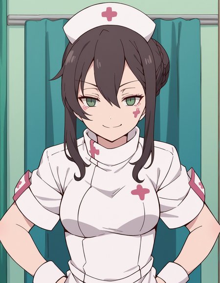score_9, score_8_up, score_7_up, source_anime, <lora:v-lila-f-hnu-ponyxl-lora-nochekaiser:1>, v lila f, brown hair, black hair, green eyes, braid, sidelocks, hair bun, makeup, facial mark, single hair bun, hair between eyes,, hat, nurse cap, nurse, short sleeves,, indoors, smug, smile, looking at viewer, solo, hands on hips,, cowboy shot, dutch angle