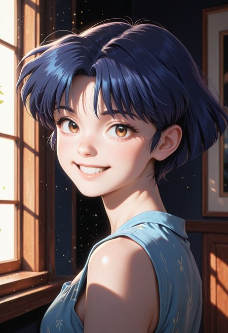 , 8K, high contrast, masterpiece, best quality, amazing quality, very aesthetic, high resolution, ultra-detailed, absurdres, newest, scenery, chiaroscuro, 1girl, solo,akane_tendou, short_hair, blue_hair, brown_eyes, cute smile,  teeth, cute eyes, , dim lighting ,looking back at viewer, dark room, face focus, head shot BREAK, beautiful detailed eyes, detailed skin, detailed hair, volumetric lighting, dappled light, light particles, dramatic shadows, cinematic lighting, photo background, <lora:ponyxl\cfg_scale_boost:0.7> h4v_h0l0,