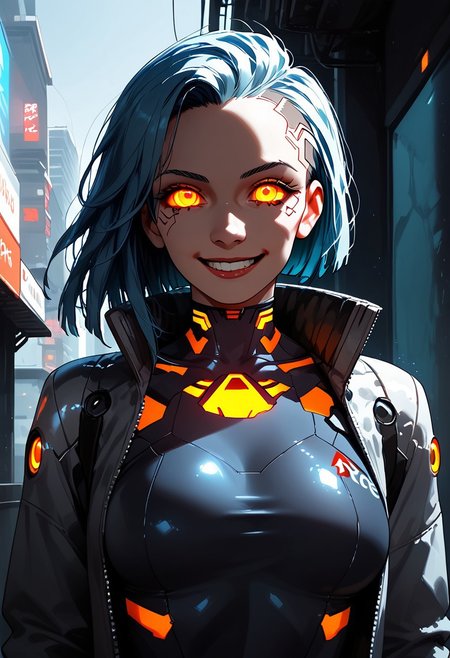 score_9, score_8_up, ultraHD, easynegative, Expressiveh, ultrarealistic, BREAK, dragongoddess, cyberpunk outfit, fully covered, digital clothes, neon orange digital eyes, cyberpunk face, warm smile, bust shot, BREAK