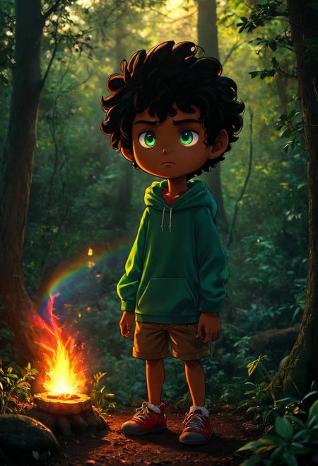 max (camp camp), dark fantasy theme, rainbow colored silhouette outline against a dark background,max (camp camp), 1boy, solo, human, male focus, curly black hair, curly tousled black hair, afro, dark skin, dark-skinned male,  large eyes, round eyes, green eyes,small nose, triangular nose, pointed nose, beautiful forest horror, anime, magical fantasy, plasma pattern, dark lights
,epic, cinematic colors, masterpiece, detailmaximizer, midjourneyv6.1