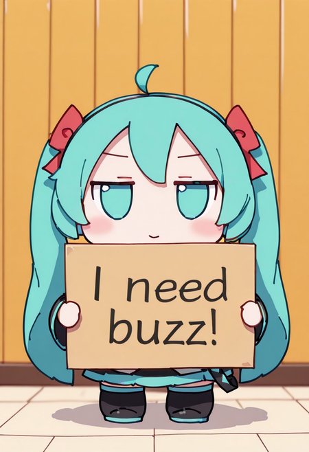 masterpiece, best quality, 
1girl, (hatsune miku), (((chibi))), (((fumo))),  (need_buzz), (holding sign),