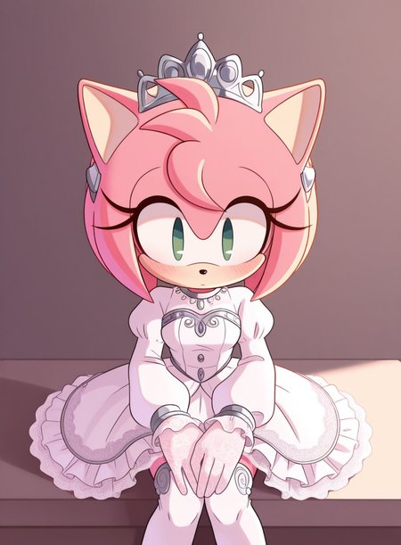 solo, <lora:krack:1> krackstyle, furry, no humans,
amy rose, pink fur, green eyes, elegant princess outfit, puffy long sleeves, frilled skirt, thighhighs, tiara, lace gloves, sitting, quiet repose, gentle eyes, blush, peaceful romance, extremely detailed, highres, masterpiece, best quality