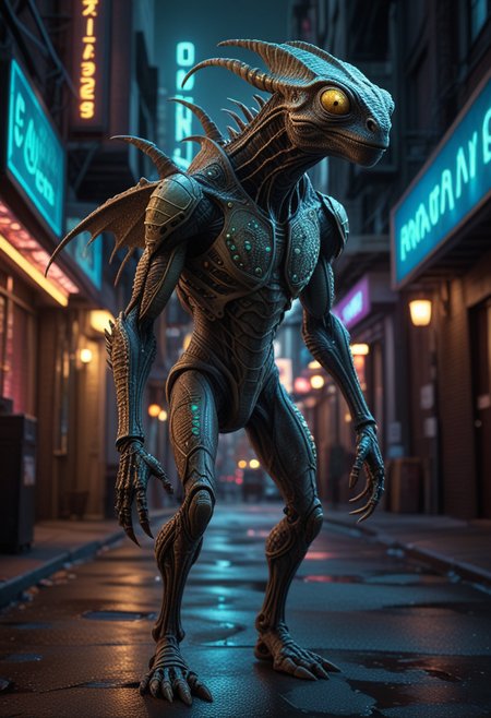 (medium full shot) of (enigmatic alien) with chameleon-like scaled skin, strange runes, bipedal body, bioluminescent antennae, compound light brown eyes, segmented antennae, insect-like legs, armored plates, set in  a dark futuristic city, featuring shadowy alleys, neon lights, an ominous vibe, Masterpiece,best quality, photo, realistic, very aesthetic, detailed face,
