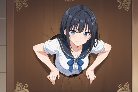 score_9, score_8_up, score_7_up, best quality, masterpiece, source_anime, anime screenshot, BREAK,  1girl, stuck in wall, through wall, from front <lora:stuckwall:1>