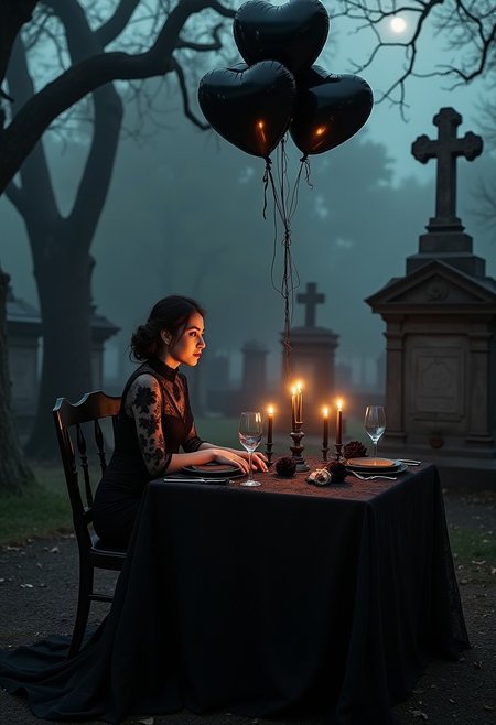 *(Shot in the style of Annie Leibovitz, cinematic lighting, ultra-photorealistic, 8K, Hasselblad medium format, deep shadows, moody tones, dramatic contrasts.)*  
A hauntingly beautiful goth woman sits alone at a candlelit table for two in an ancient graveyard at midnight. She wears an elegant black lace dress with intricate embroidery, a high neckline, and flowing sleeves. Her pale skin glows under the dim candlelight, contrasting with dark smoky eyes and deep red lips. A bouquet of black heart-shaped balloons drifts above the empty chair beside her, a silent symbol of love lost.  
The table is fully set for a romantic dinner—fine silverware, empty wine glasses, and scattered black roses resting on delicate porcelain plates. The soft flicker of black candles casts dramatic shadows over the scene, while moonlight filters through twisted, barren branches, highlighting the mist creeping over weathered gravestones. The petals of the black roses glisten under the candlelight, their velvety texture adding to the gothic elegance of the moment.  
Her gaze is distant, lost in thought, as the wind gently moves the balloons. The image is masterfully framed with a razor-sharp focus on her melancholic expression, while the blurred background adds a dreamlike, eerie quality. The setting is intimate yet surreal, evoking longing, solitude, and unspoken memories.