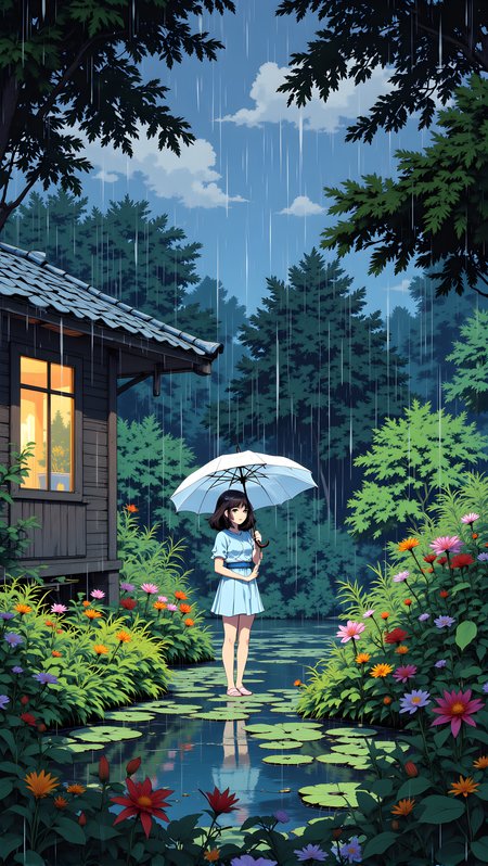 This image is a beautifully detailed and serene illustration of a person standing in a garden on a rainy night. The individual has short, dark hair that falls over their shoulders, adding to the overall sense of movement and texture. They are wearing a light blue dress that contrasts nicely with the vibrant colors of the surrounding foliage.
The person is holding a white umbrella, which provides shelter from the rain and adds a sense of warmth and protection. Their expression is calm and content, with their gaze directed towards the viewer, creating a direct and engaging connection.
The background features a lush, green garden filled with various plants and flowers, including lilies and other colorful blooms. There is also a small pond with lily pads, adding to the natural and peaceful atmosphere. A wooden house with a tiled roof is visible in the background, with a warm light shining through the window, suggesting a cozy and inviting interior.
Overall, this illustration captures a moment of quiet beauty and tranquility, with the combination of the person's attire, the soft lighting, and the detailed rendering creating a visually engaging and emotionally resonant scene. The use of color and composition adds depth and character to the artwork, making it a powerful and evocative piece.
j_art, anime, anime art, <lora:FLUX\jul\J_Anime:1.0>, <lora:FLUX\Anime Art V3:0.1>, <lora:FLUX\RM_Artistify_v1.0M:0.1>, <lora:FLUX\RetroAnimeS1.1:0.1>