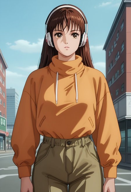 score_9, score_8_up, score_7_up, realistic, fine anime screencap_xl, anime screencap, miakoji, ronin warriors, solo, 1girl, retro, brown hair, 1980s (style), bangs, long hair, hazel eyes, portrait, makeup, urban techwear, street fashion, baggy jncos, cargo pant, hoodie, mock turtleneck, headphones,