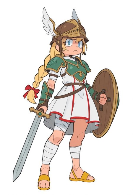 sslt,

1girl, solo, braid, frown, armor, bandaged arm, bandaged leg, bandages, blonde hair, blue eyes, brown headwear, closed mouth, dress, full body, green armor, hair ribbon, helmet, holding, holding shield, holding sword, holding weapon, legs apart, long hair, looking at viewer, red ribbon, ribbon, sandals, shield, shoulder armor, single braid, split mouth, standing, sword, valkyrie, weapon, white dress, winged helmet, yellow footwear