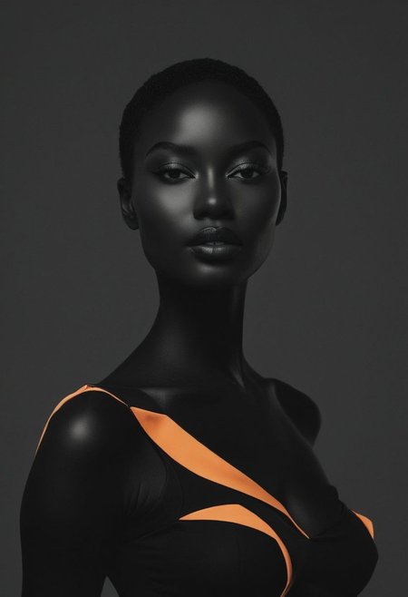 Portrait of high-end models, editorial photo from a magazine by Anne Geddes featuring smooth dark skin, sleek streamlined design, 3D style, model photography, high-resolution print in black and orange, minimalist.