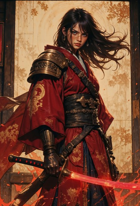 samurai girl wearing a kimono with shoulder armor, she's holding a katana glowing with red energy, her long hair is flowing in the wind, she stands in a dojo training for her next battle. (maximum ultra high definition image quality and rendering:3), maximum image detail, maximum realistic render, (((ultra realist style))), realist side lighting, , 8K high definition, realist soft lighting, <lora:FluxMythG0thicL1nes:0.6> <lora:FluxMythR3alisticF:0.5> <lora:RetroAnimeFluxV1:0.6> <lora:OB半写实肖像画V2.0:0.6>