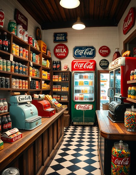 A vintage 1950s grocery store filled with nostalgic details. Wooden shelves neatly stocked with classic canned goods, glass soda bottles, and colorful retro packaging. An old-fashioned cash register sits on the wooden counter, next to a small scale for weighing produce. The checkered black-and-white tile floor adds to the mid-century charm, while hand-painted signs on the walls advertise milk, bread, and coffee in bold, retro fonts. A display of penny candy in glass jars sits near the entrance, and a vintage Coca-Cola refrigerator hums in the background. Soft, warm lighting casts a nostalgic glow over the scene, enhancing the rich textures of wood, glass, and metal, capturing the essence of a bygone era.
<lora:SDXLFaeTastic2400:0.4> <lora:extremely_detailed:0.4> extremely detailed
 <lora:1950s_grocery_st0r3:1>,1950s grocery st0r3, Masterpiece,best quality,hi res,8k,hi res,8k,award winning,(sharp focus, intricate, highly detailed),